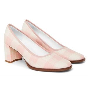 EUC Mansur Gavriel Coral Checkered Gingham Square Toe Heels size 38